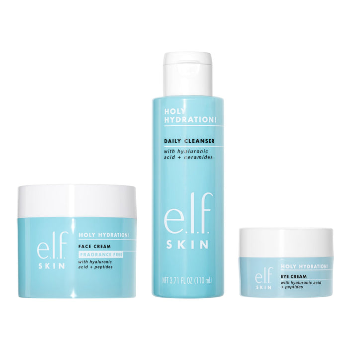 Trío Holy Hydration! de elf SKIN, juego de 3, incluye crema facial sin fragancia, limpiador diario y crema para ojos