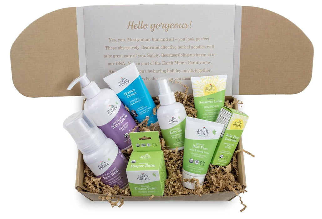 Set de regalo Baby Love de Earth Mama | Productos esenciales orgánicos para el cuidado de la piel del bebé | Loción y gel de baño para bebés, aceite para bebés, crema para el eccema | Set de 8 piezas