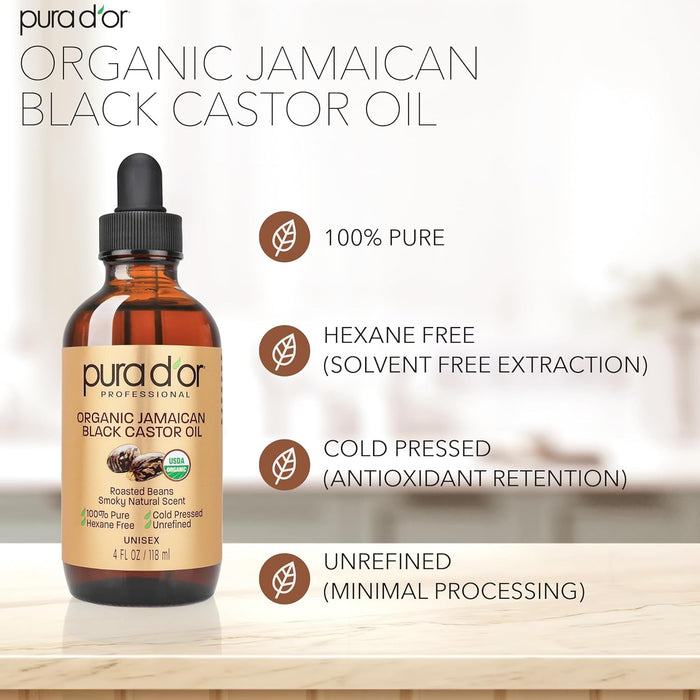 Aceite de ricino negro jamaicano orgánico PURA D'OR de 4 oz